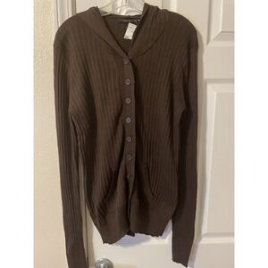 Vintage Cotton Ginny Button Up Cardigan Ribbed Sweater with Hood Medium New